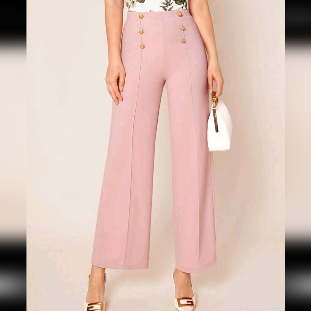 Elegant Pink High-Waisted Pants - Button Detail Straight Leg Pants